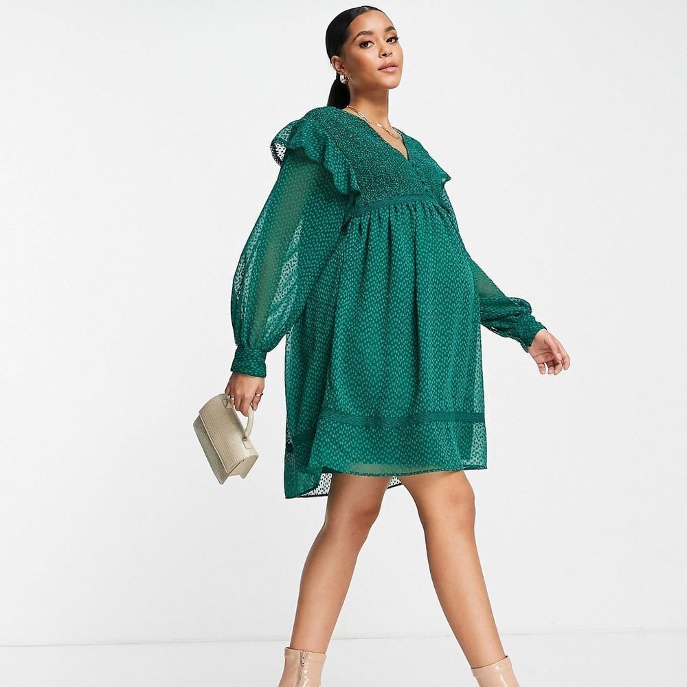 ASOS DESIGN Maternity Shirred Smock Mini Dress with Lace Inserts in Bottle Green